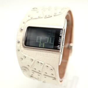 Diesel White Studded Leather Digital Watch 40mm Wide Leather RARE w New Battery